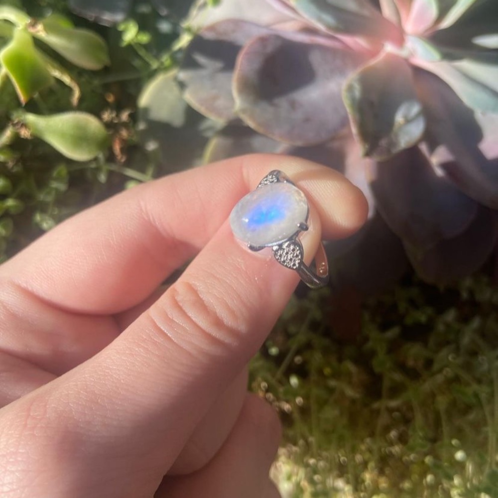 Rainbow Moonstone crystal ring size 8 white bronze